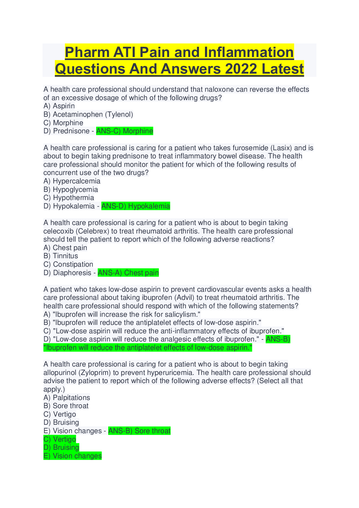 Preview image for Pharm ATI Pain and Inflammation Questions And Answers 2022 Latest